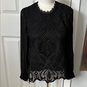 New Black Lace Crochet Long-Sleeve Blouse Small